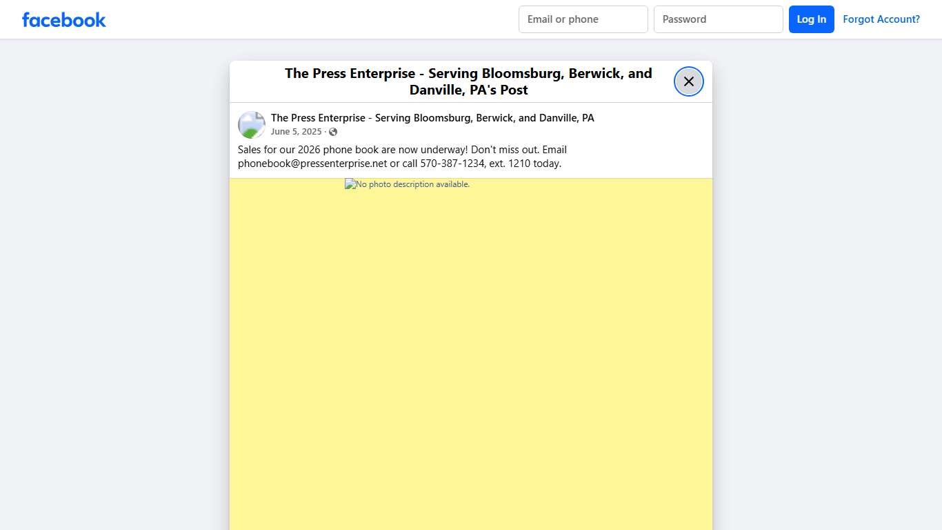 Sales for our 2026 phone book are now underway! Don't miss out. Email phonebook@pressenterprise.net or call 570-387-1234,... - The Press Enterprise - Serving Bloomsburg, Berwick, and Danville, PA | Facebook
