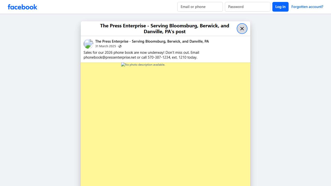 Sales for our 2026 phone book are now underway! Don't miss out. Email phonebook@pressenterprise.net or call 570-387-1234,... - The Press Enterprise - Serving Bloomsburg, Berwick, and Danville, PA | Facebook